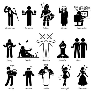 Positive Personalities Character Traits. Stick Figures Man Icons. Starting with the Alphabet G.