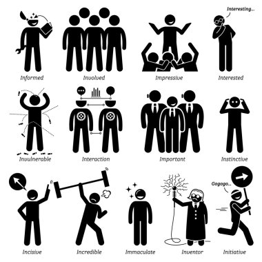 Positive Personalities Character Traits. Stick Figures Man Icons. Starting with the Alphabet I. clipart