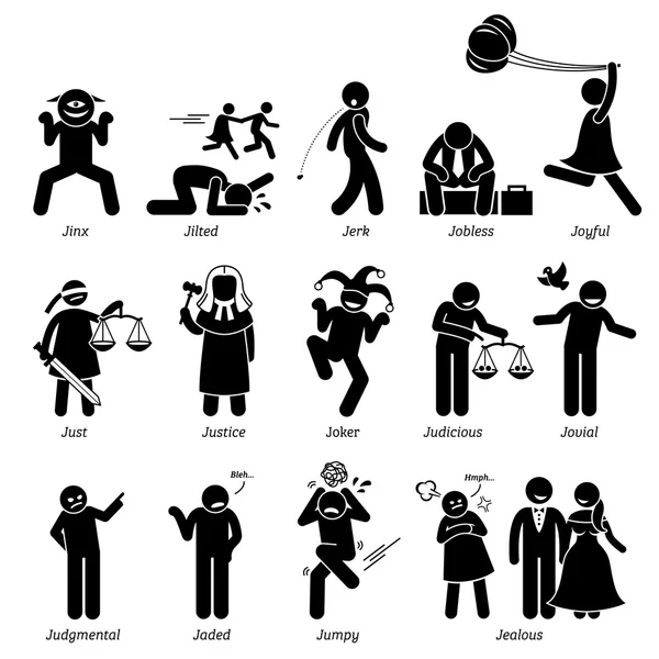 Personalidades Neutrales Negativas Positivas Rasgos de Carácter. Figuras de palo Hombre iconos. Comenzando por el Alfabeto J . — Vector de stock