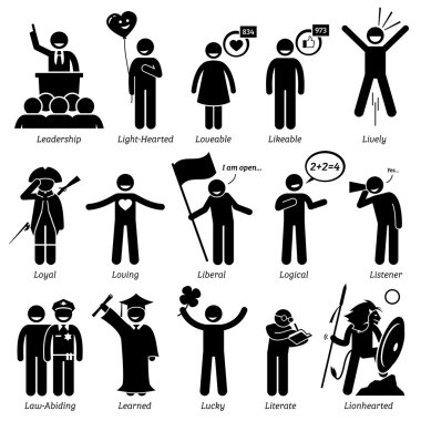 Positive Personalities Character Traits. Stick Figures Man Icons. Starting with the Alphabet L. clipart