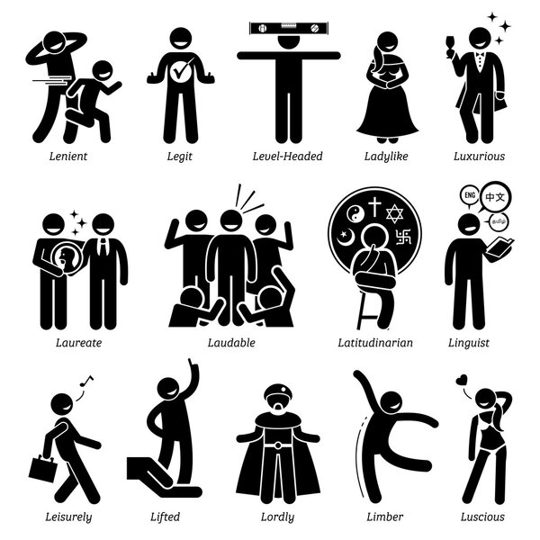 Positive Personalities Character Traits. Stick Figures Man Icons. Starting with the Alphabet L.