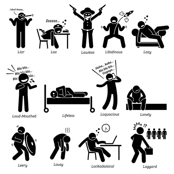 Personalità negative Tratti caratteriali. Stick Figures Man Icons. A partire dall'alfabeto L . — Vettoriale Stock