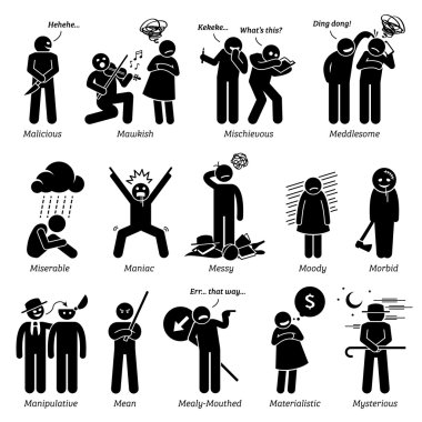 Negative Personalities Character Traits. Stick Figures Man Icons. Starting with the Alphabet M. clipart