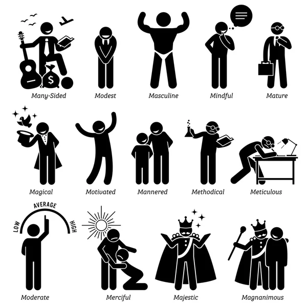 Personalidades Positivas Rasgos de Carácter. Figuras de palo Hombre iconos. Comenzando por el Alfabeto M . — Vector de stock