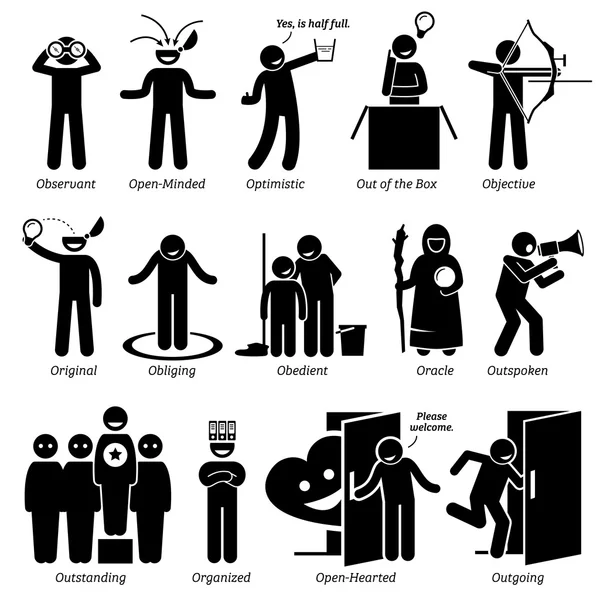 Personalità Positive Tratti caratteriali. Stick Figures Man Icons. A partire dall'alfabeto O . — Vettoriale Stock