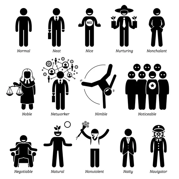 Personnalités positives Caractères de caractère. Stick Figures Man Icônes. Commençant par l'alphabet N . — Image vectorielle