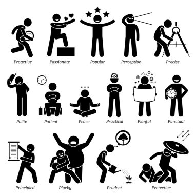 Positive Personalities Character Traits. Stick Figures Man Icons. Starting with the Alphabet P.