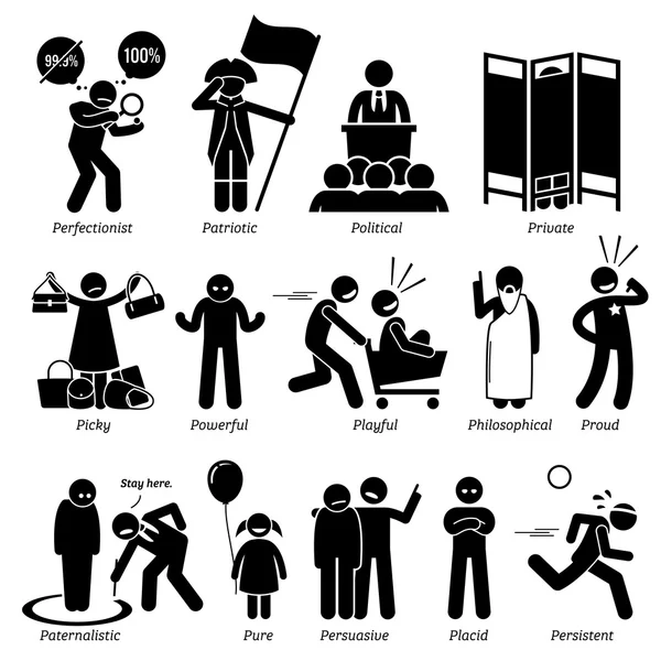 Personalità neutrali Tratti caratteriali. Stick Figures Man Icons. A partire dall'alfabeto P. — Vettoriale Stock