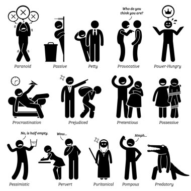 Negative Personalities Character Traits. Stick Figures Man Icons. Starting with the Alphabet P. clipart