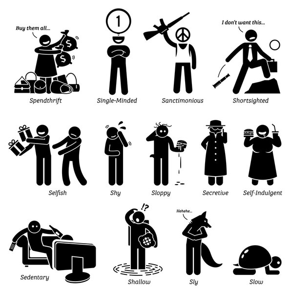 Negative Personalities Character Traits. Stick Figures Man Icons. Starting with the Alphabet S.