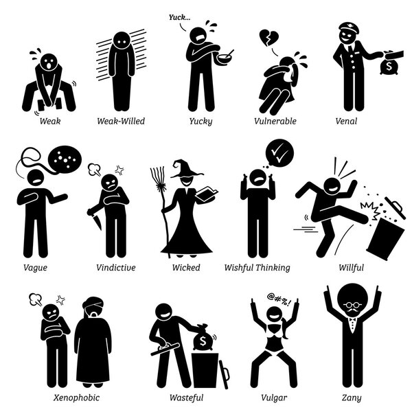 Отрицательные черты характера личности. Стыкайте фигурки людей иконами. Начиная с алфавита V, W, X, Y и Z
.