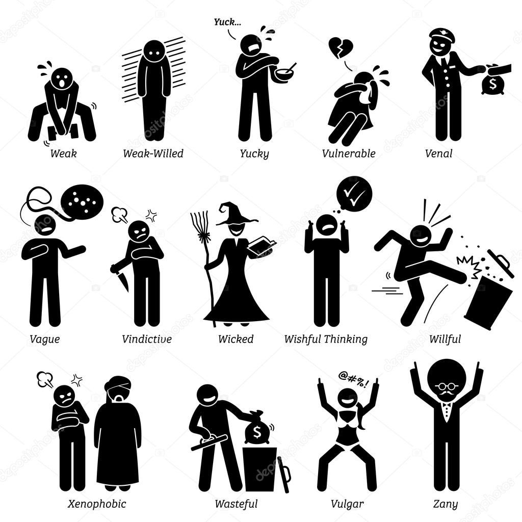 Negative Personalities Character Traits. Stick Figures Man Icons. Starting with the Alphabet V, W, X, Y, and Z.