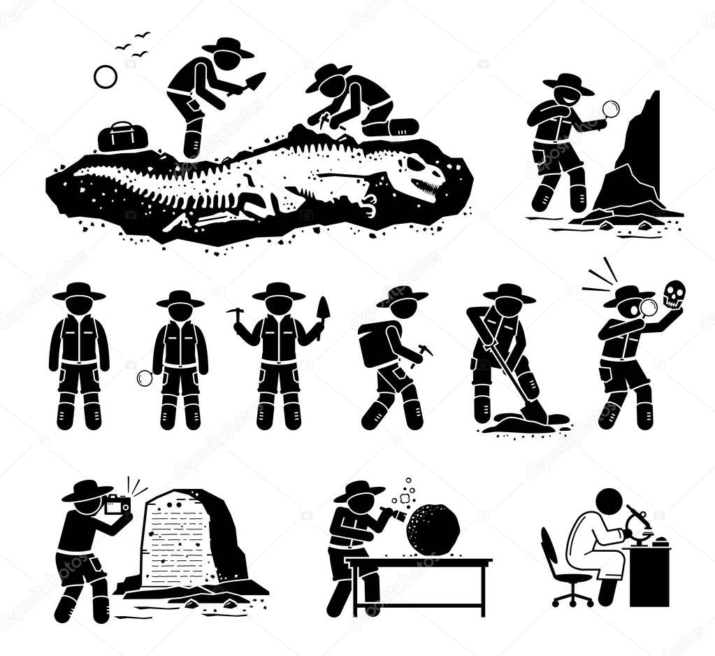 Paleontologist scientist digging dinosaur bone fossil and discover ancient artifact illustrations. Vector cliparts of paleontology, archaeology, and anthropology scientific research and career. 