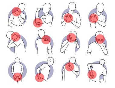 Pain and injury on human body parts. Vector illustrations of painful, stiffness, and  injury on shoulder, neck, and spine. Health problem of muscle tension and spinal subluxation issues. clipart