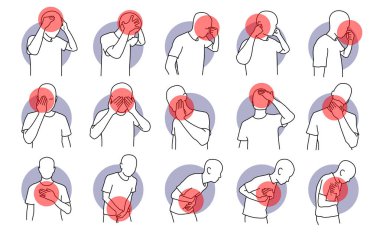 Pain, stress, and illness on human. Vector illustrations of headache, eye pain, sore throat, chest tightness, and abdominal problem. Symptoms of health issues and disease.  clipart
