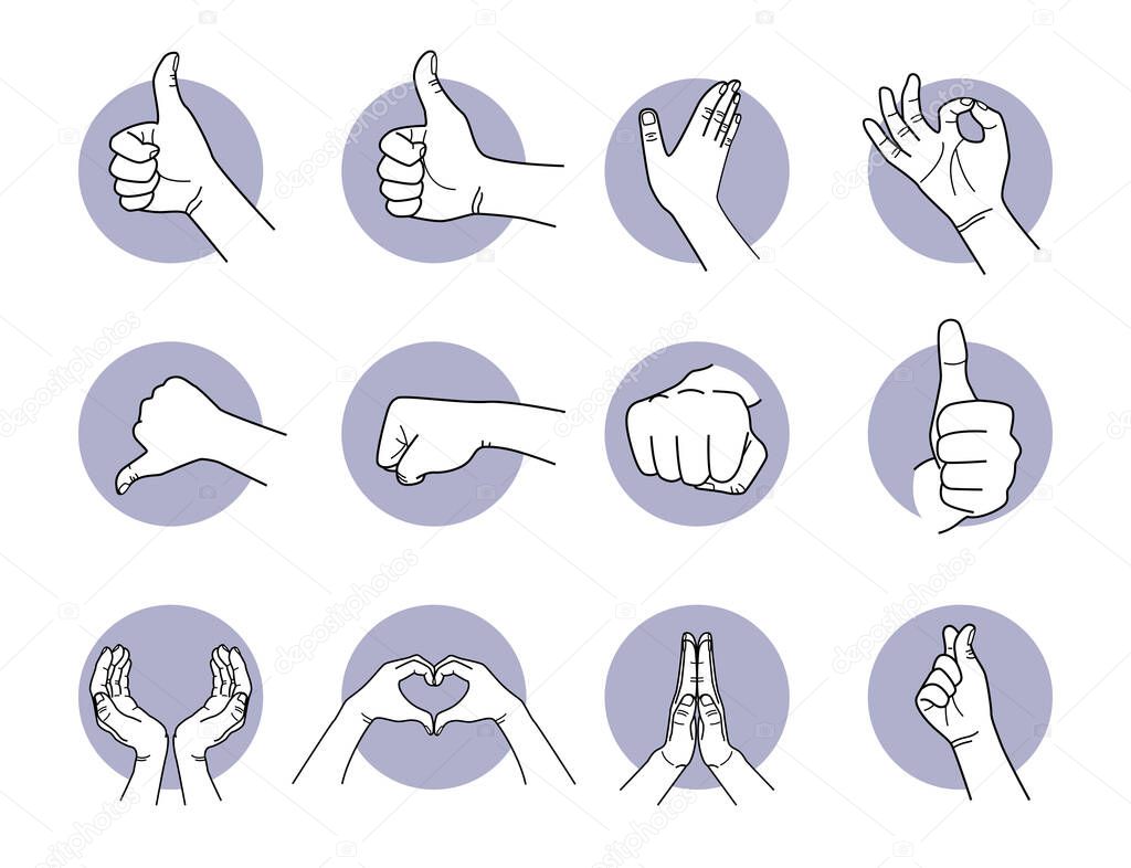 Good, love, and like hand gestures. Vector illustrations of hand and finger gestures that show thumb up, thumb down, heart, love, punch, and slap.