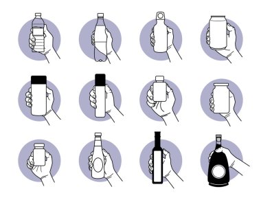 Farklı türde içki ve içecek şişesi tasarımlarıyla el ele tutuşmak. Plastik şişe, alüminyum matara, teneke kutu, fıstık ezmesi kavanozu, cam şişe ve likör..