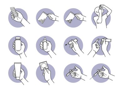 Hand holding medicine, cream, and syringe. Vector illustration of medication, supplement, ointment, and vaccine injection.  clipart