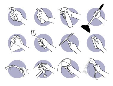 El ele tutuşmalar temizlik malzemeleri ve aletler. Elle tutma spreyi, pompa, bez silme, fırça, pencere temizleyicisi, fırça, hortum, kova ve duş başlığının vektör çizimi. 