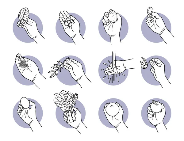 Mão Segurando Ícones Coisas Naturais Ilustrações Vetoriais Mão Segurando Objetos —  Vetores de Stock