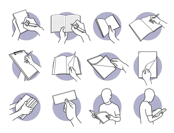 Mano Sosteniendo Papel Nota Libro Lápiz Bolígrafo Documentos Ilustración Vectorial — Vector de stock