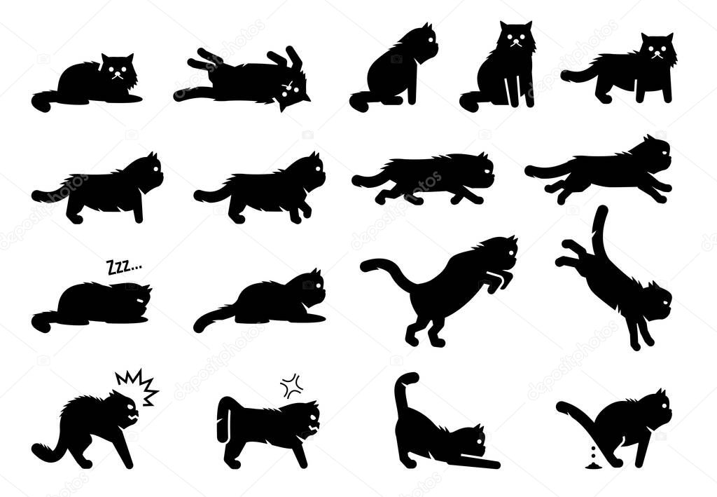Persian cat poses, postures, emotions, and actions icons. Vector illustration of cat lie down, roll, sitting, standing, sleep, stalking, stretching, jumping, running and poop. Fierce and angry cat.
