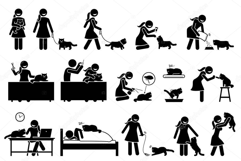 Woman with Persian cat pet stick figures. Vector illustrations of a girl or lady taking care of her pet cat by giving food, supplement, grooming, flea spray, training, playing together, and love.