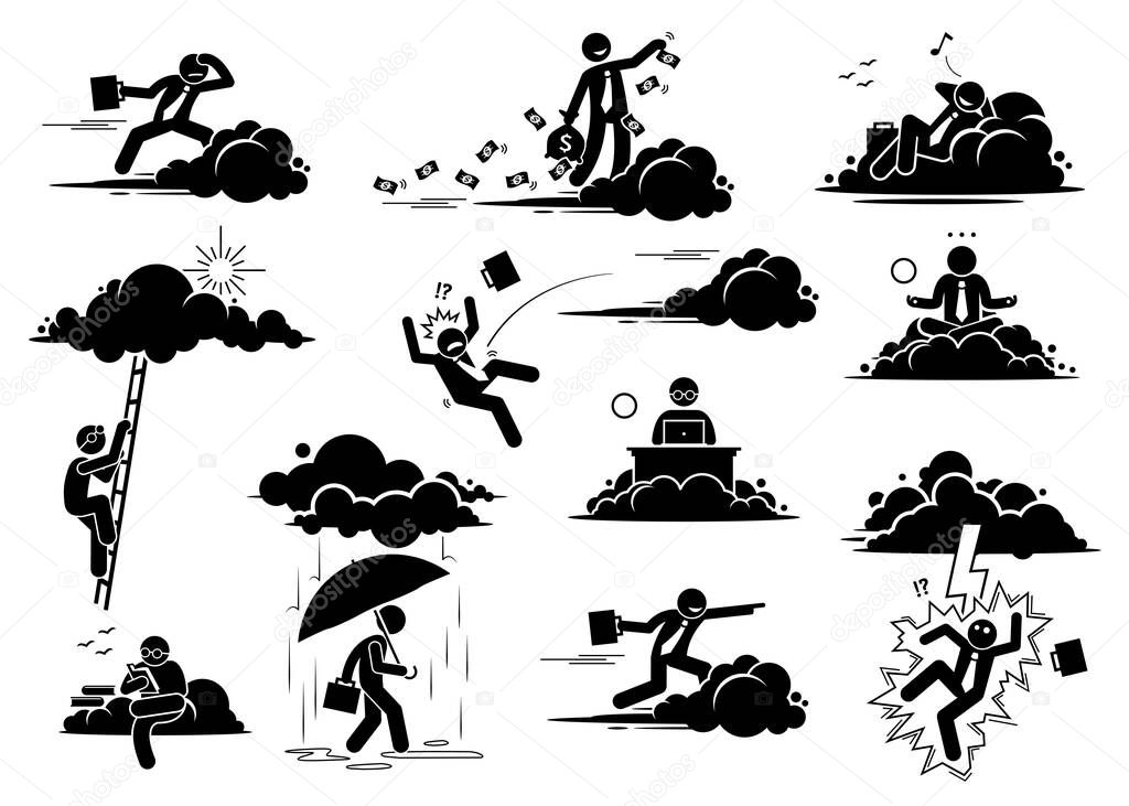 Businessman working in the cloud or sky. Vector illustrations of a business man flying, throwing money, resting, working, and reading on a cloud. Bad luck person struck by lightning or thunder.