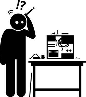 Adam tamir ediyor, tamir ediyor, kuruyor ve yeni bir bilgisayar yapıyor. Vektör çizimleri donanım parçalarını güncelleyen ve kuran bir bilgisayar teknisyeni tasvir ediyor.