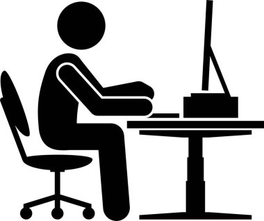 Ergonomik bilgisayar masası, işyeri ve çalışma istasyonu. Çubuk figürü pictogram simgeleri ofis çalışması için ergonomik aksesuarları iyi duruş ve destek ile betimler.