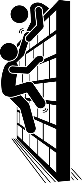 People with a wall stick figures pictogram icons. Vector illustration of people climbing over a wall, and standing on the other side of the wall.