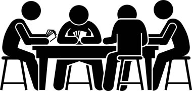 Masada oyun kartı, poker kartı ve mahjong oynayan insanlar var. Piktogram, oyun kartını oynayan erkeklerin farklı sayıda oyuncularını, tepkilerini, duygularını, duygularını ve eylemlerini betimler.