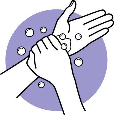 Adım adım el yıkama talimatları ve yönergeler. Avuçlarda, parmaklarda, tırnaklarda, sırtlarda, baş parmaklarda ve bileklerde su sabunuyla el yıkamanın vektör çizimleri. Floş, kuru eller, temiz eller..