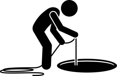 Çubuk adam ve yerde bir delik. Bir insanın vektör çizimleri içine düşer, dışarı çıkar, içine bakar, içine girer, üzerinden atlar ve yerdeki bir deliği kapatır..