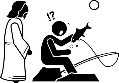 İsa 'nın mucizeleri piktogramı simgeler. İsa Mesih 'in sopa figürü kör, kadın, suyu şaraba çevirme, şeytan çıkarma, diriltme, balık yakalama, suda yürüme, beslenme ve şekil değiştirme.