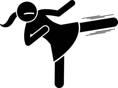 Kadın, tabela ve sembolleri dövüyor. Kadın ve erkeğin yumruk, tekme, tokat, fırlatma ve aparkat ile dövüştüğünün vektör çizimi. Kız güçlü ve dövüşü kazanıyor..