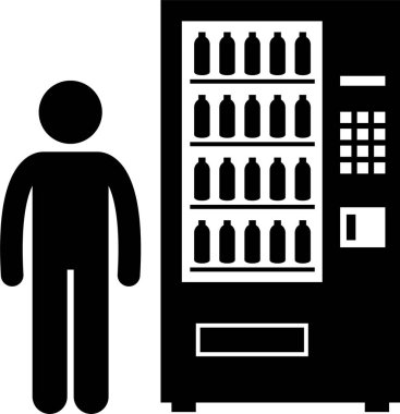 Otomatı olan insanlar. Piktogram, otomat kullanan ve onu yok eden birini tasvir ediyor. Çubuk figürleri ayrıca stok yapan, tamir eden ve ondan para toplayan bir işçiyi gösteriyor..