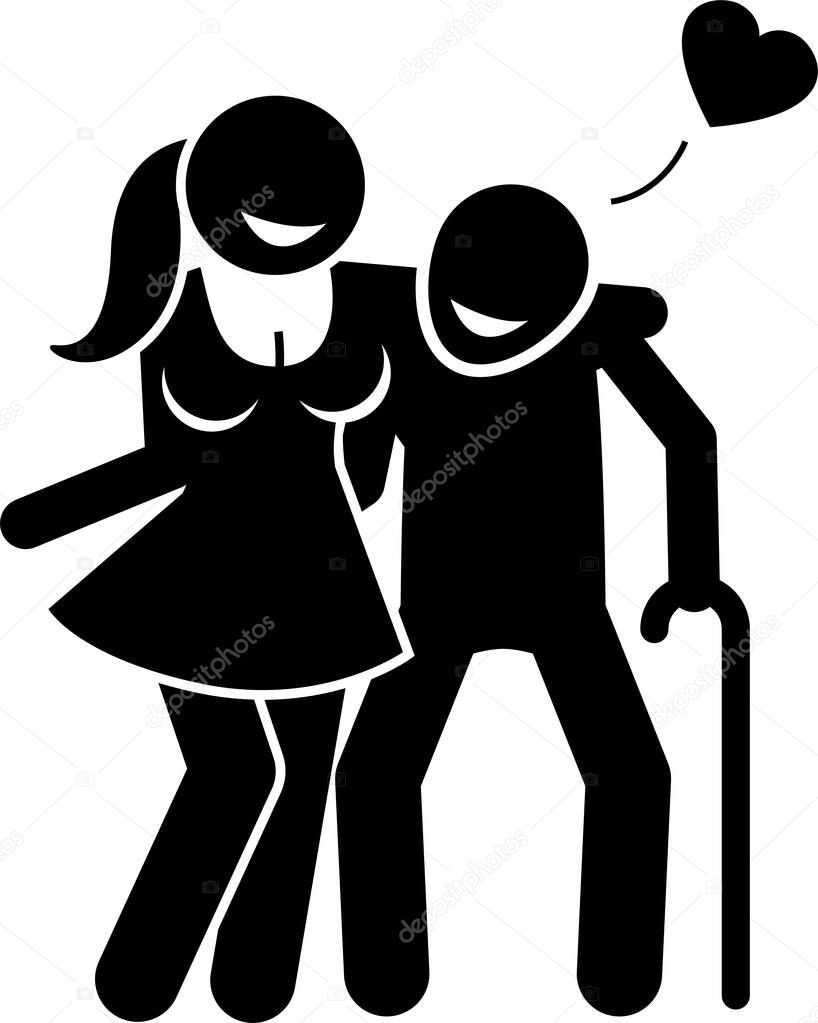 Strong healthy dirty old man with high libido sex drive and vigor. Vector illustrations of elderly man with young beautiful sexy girl. Old man exercise and workout at gym to maintain active lifestyle.