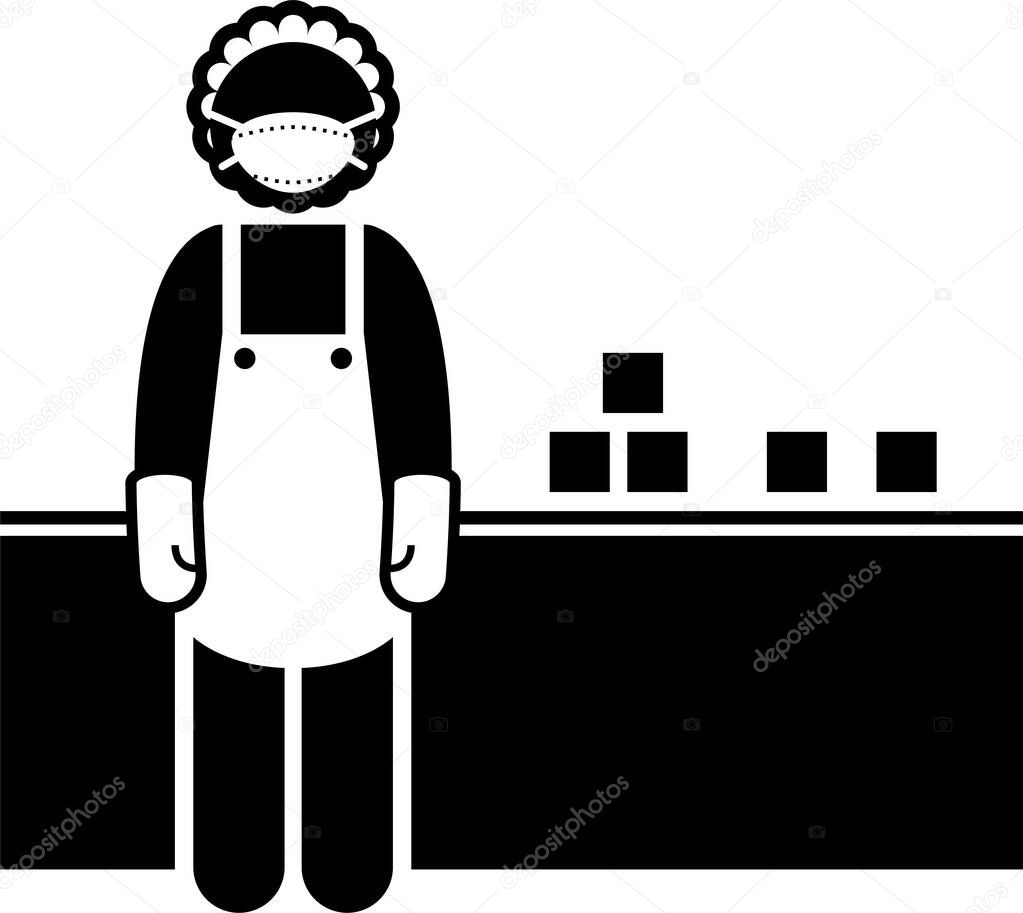 Virus pandemic third-liner workers. Vector icons of utility worker, fireman, farmer, reporter, factory staffs, hotel, call center, online services, and stock market employee wearing surgical mask.