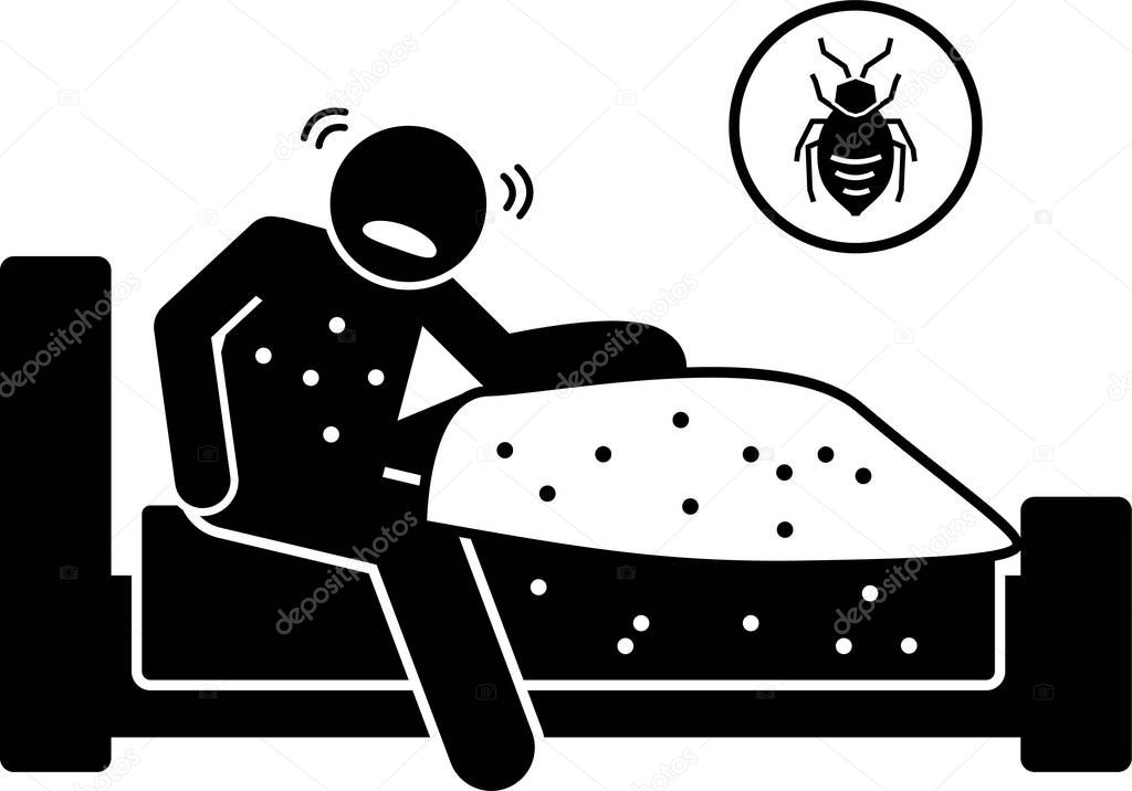 Insects and parasites attacking, biting, and stinging human. The icons, signs, and symbols depict ants, wasps, lice, mosquitoes, bugs, leech, fleas, mites, worms, and sand flies bite and sting people.