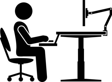 Ergonomik bilgisayar masası, işyeri ve çalışma istasyonu. Çubuk figürü pictogram simgeleri ofis çalışması için ergonomik aksesuarları iyi duruş ve destek ile betimler.