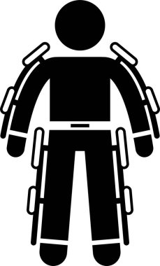 Biyonik güç çubuğu figürü ikonlarında insan fütüristik dış iskelet giyer. Güç, ordu, inşaat, tıbbi ve spor için dış iskelet giysisi olan insanların vektör çizimleri.