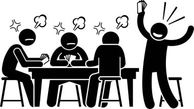 Masada oyun kartı, poker kartı ve mahjong oynayan insanlar var. Piktogram, oyun kartını oynayan erkeklerin farklı sayıda oyuncularını, tepkilerini, duygularını, duygularını ve eylemlerini betimler.