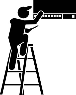 Ev Aletleri ve Ev Dekorasyonları Simgeleri Kurulumu. Piktogram, ev eşyaları döşeyen, mobilyaları taşıyan ve yaşam alanını dekore eden işçileri tasvir ediyor..