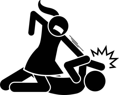 Kadın, erkek çöp adam figürlerini ve sembolleri dövüyor. Kadın ve erkeğin yumruk, tekme, tokat, fırlatma ve aparkat ile dövüştüğünün vektör çizimi. Kız güçlü ve dövüşü kazanıyor..