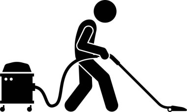 Elektrik süpürgesi simgesi kullanan adam, vektör illüstrasyonu