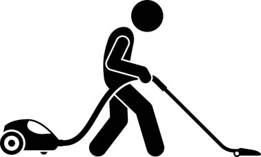 Elektrik süpürgesi simgesi kullanan adam, vektör illüstrasyonu