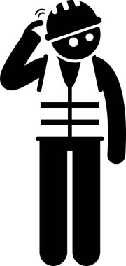 Endüstriyel işçiler duygular, duygular ve eylem simgeleri belirlendi. Sert şapka ve güvenlik yeleği giyen inşaat işçisinin vektör çizimi.