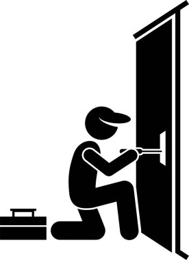 Man and Door Pictogram. Tırmanışlar, kapısı olan bir adamın çeşitli hareketlerini tasvir eder..