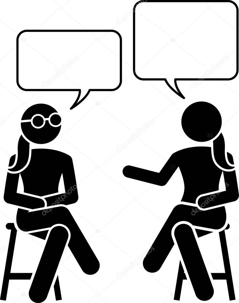 People conversation and communication with one another stick figure pictogram icons. Vector illustrations depict people or friends talking and chatting to each other in sitting and standing positions.